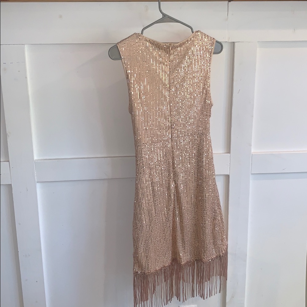 Rose Gold Fringe V-Neck Party Dress - Picture 2 of 3